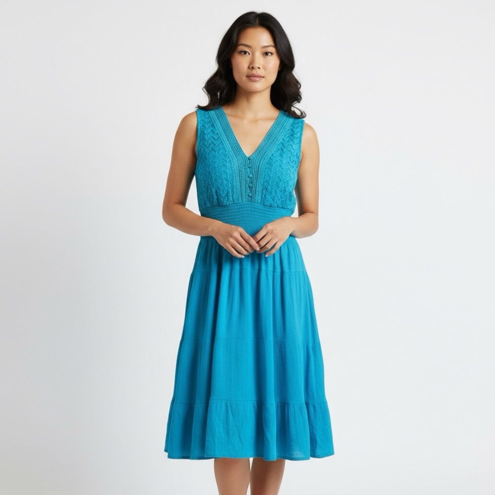 J Glee Womens Babydoll Dress L Aqua Tiered V‎ Neck Lined Beachy Y2K